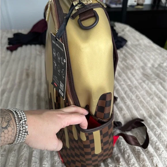 Sprayground Drip Checkered Backpack in Gold and Brown - Picture 8 of 9